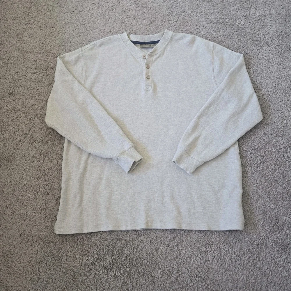 LL Bean Mens Large Beige Cotton Thermal  Long Sleeve Henley Shirt Waffle Knit
